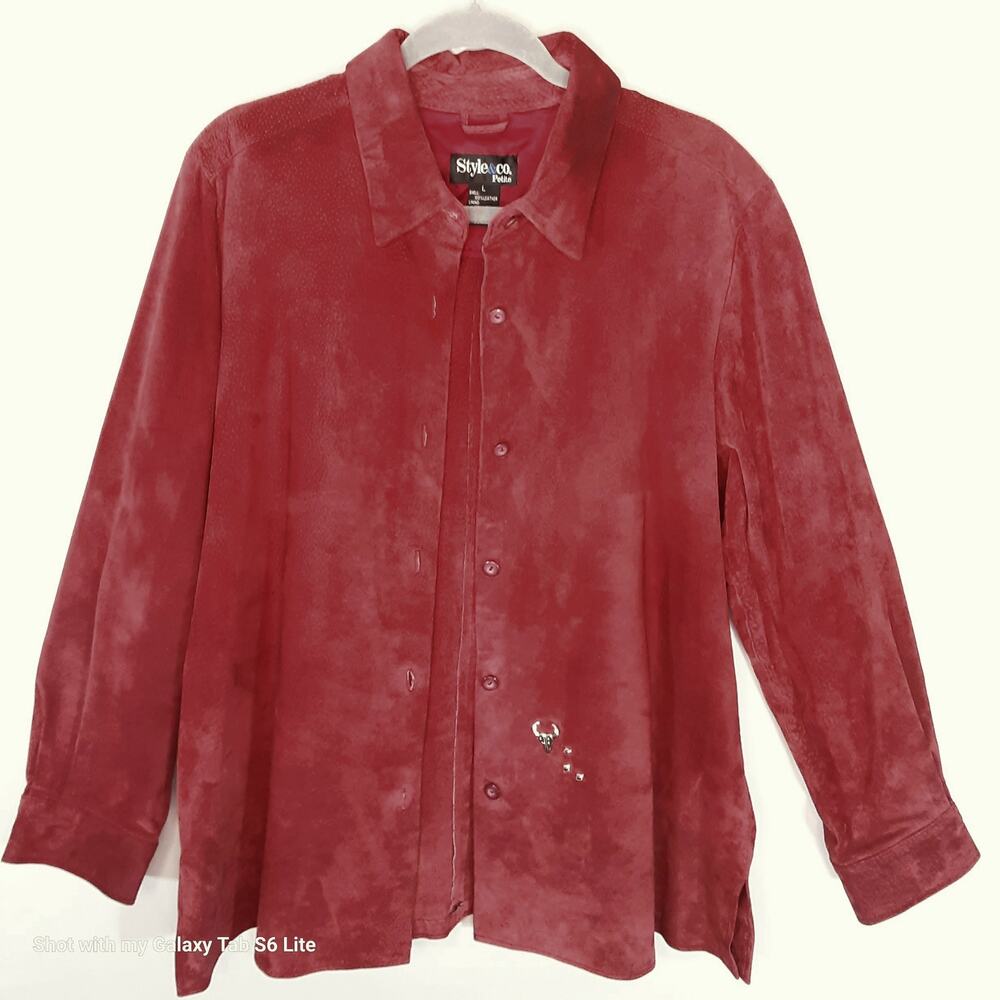 💎Style & Co Suede Leather Shirt Jacket Womens Large Burgundy Red
